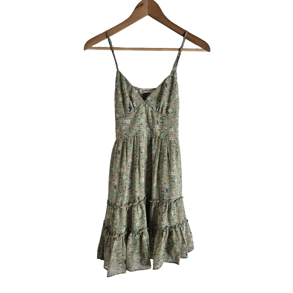 French Kiss Sage Floral Tiered Ruffle Mini Dress Smocked Back S Fairycore